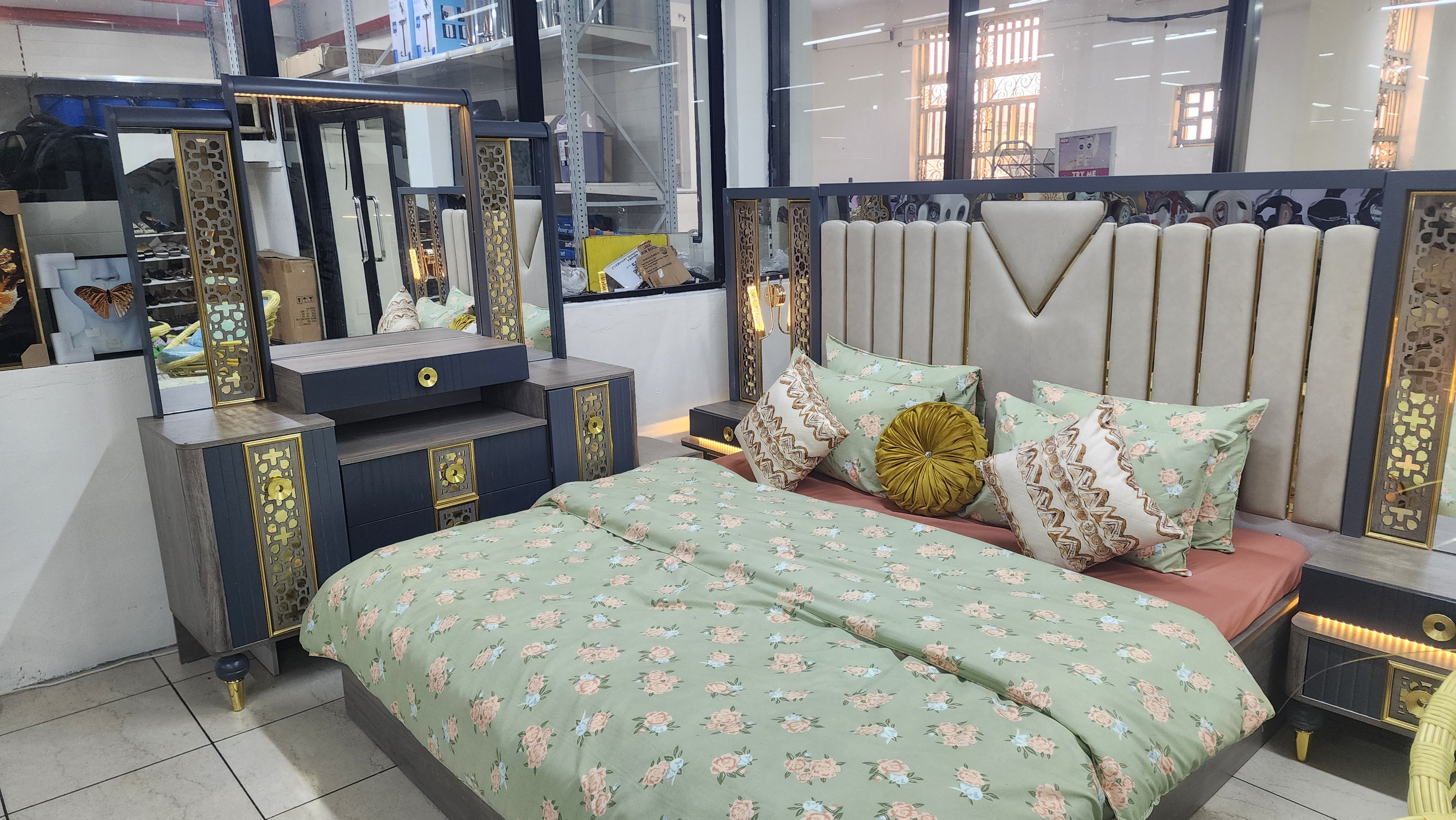 Luxury Modern Upholstered Bed Set (Gold Accent Edition)