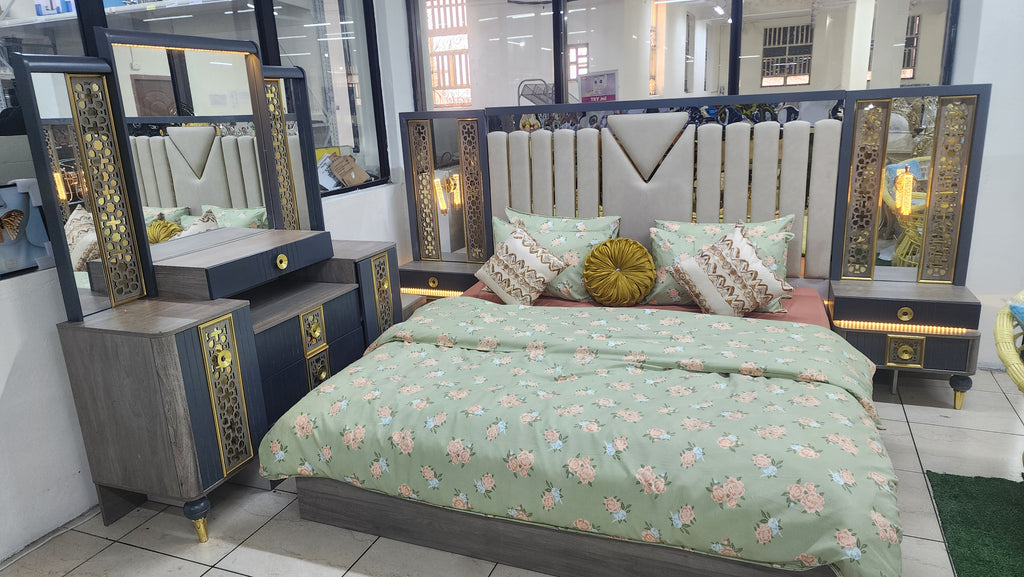 Luxury Modern Upholstered Bed Set (Gold Accent Edition)