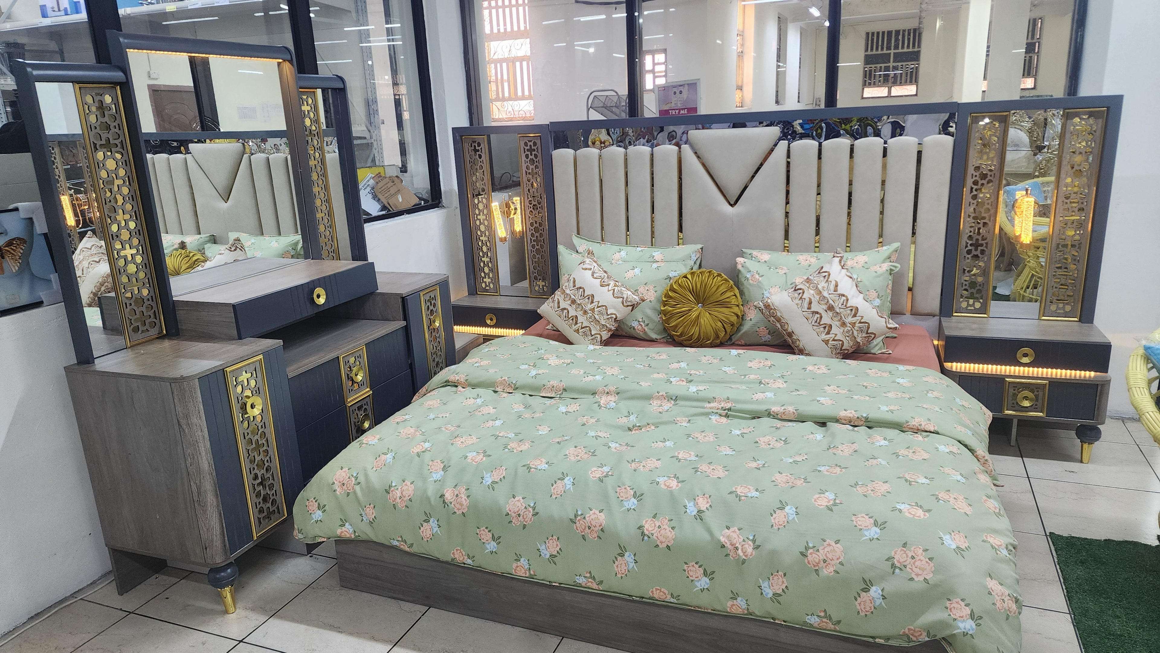 Luxury Modern Upholstered Bed Set (Gold Accent Edition)