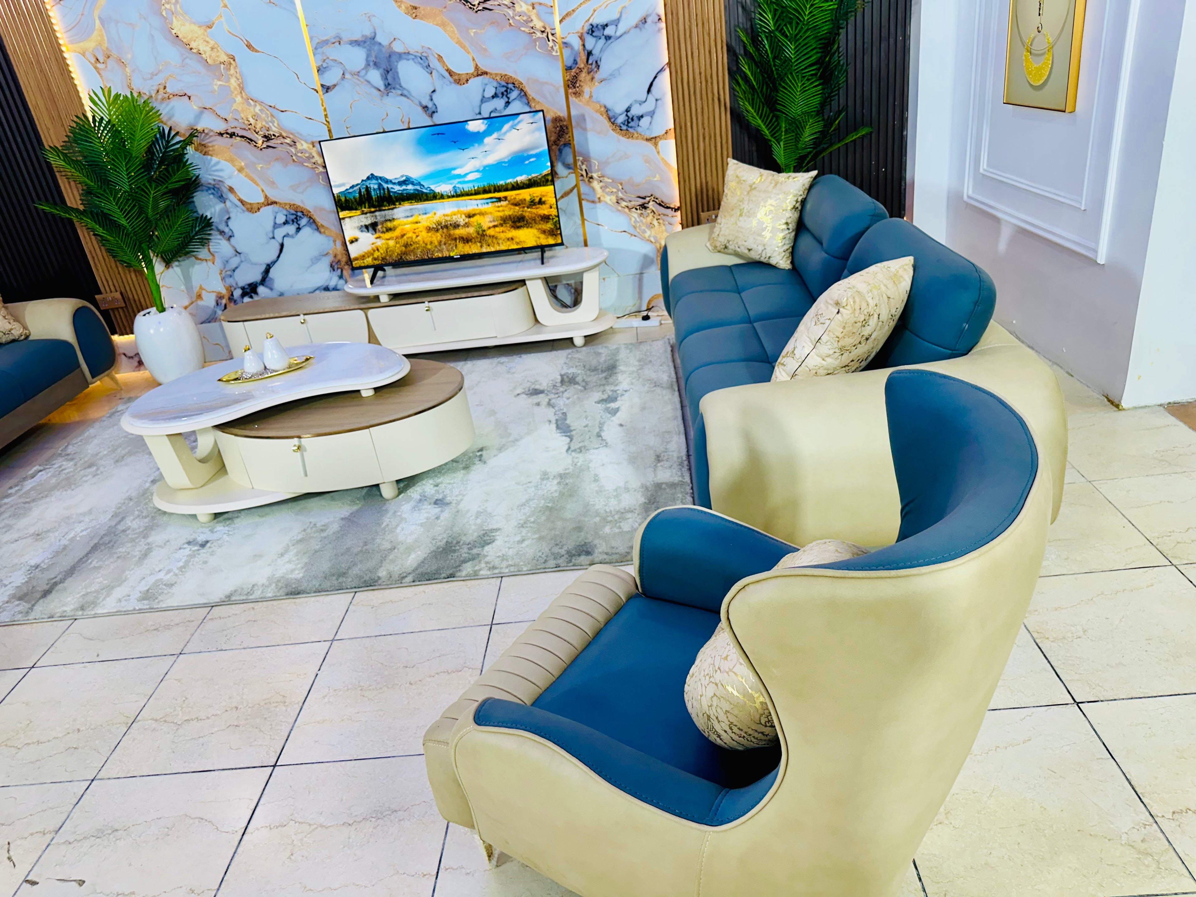 Modern Two-Tone Luxury Sofa Set (Marble Feature Wall Edition