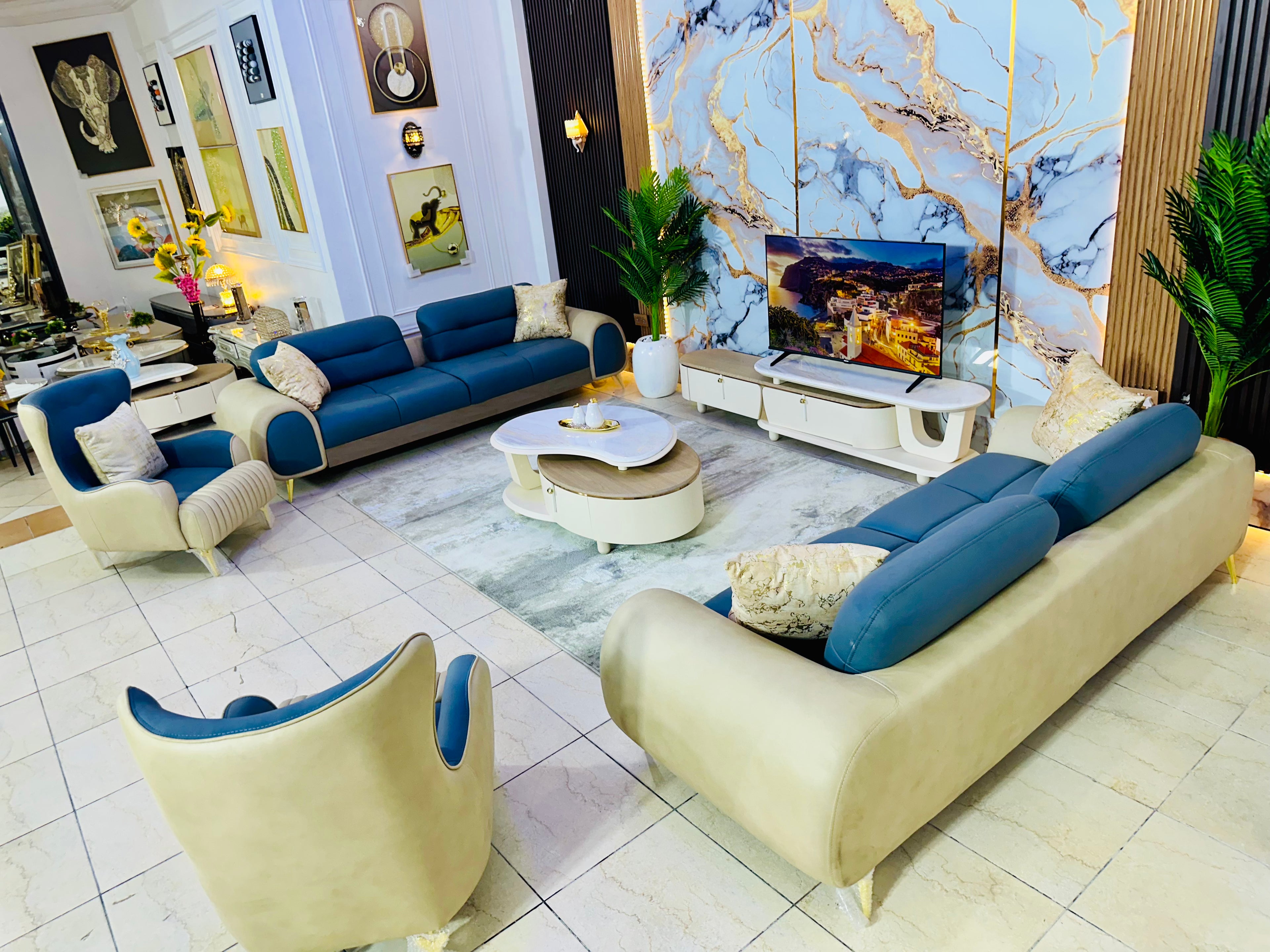 Modern Two-Tone Luxury Sofa Set (Marble Feature Wall Edition