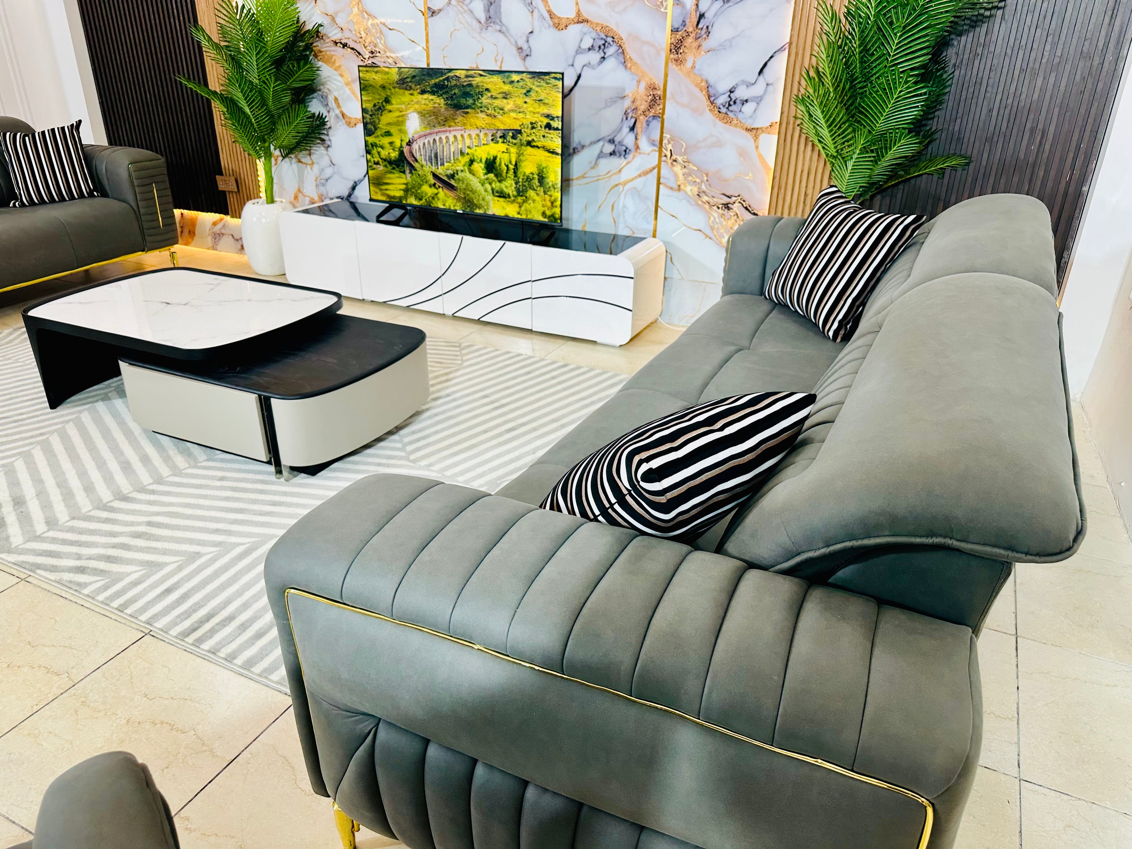 Modern Green Luxury Sofa Set (Elegant Marble Wall Edition)