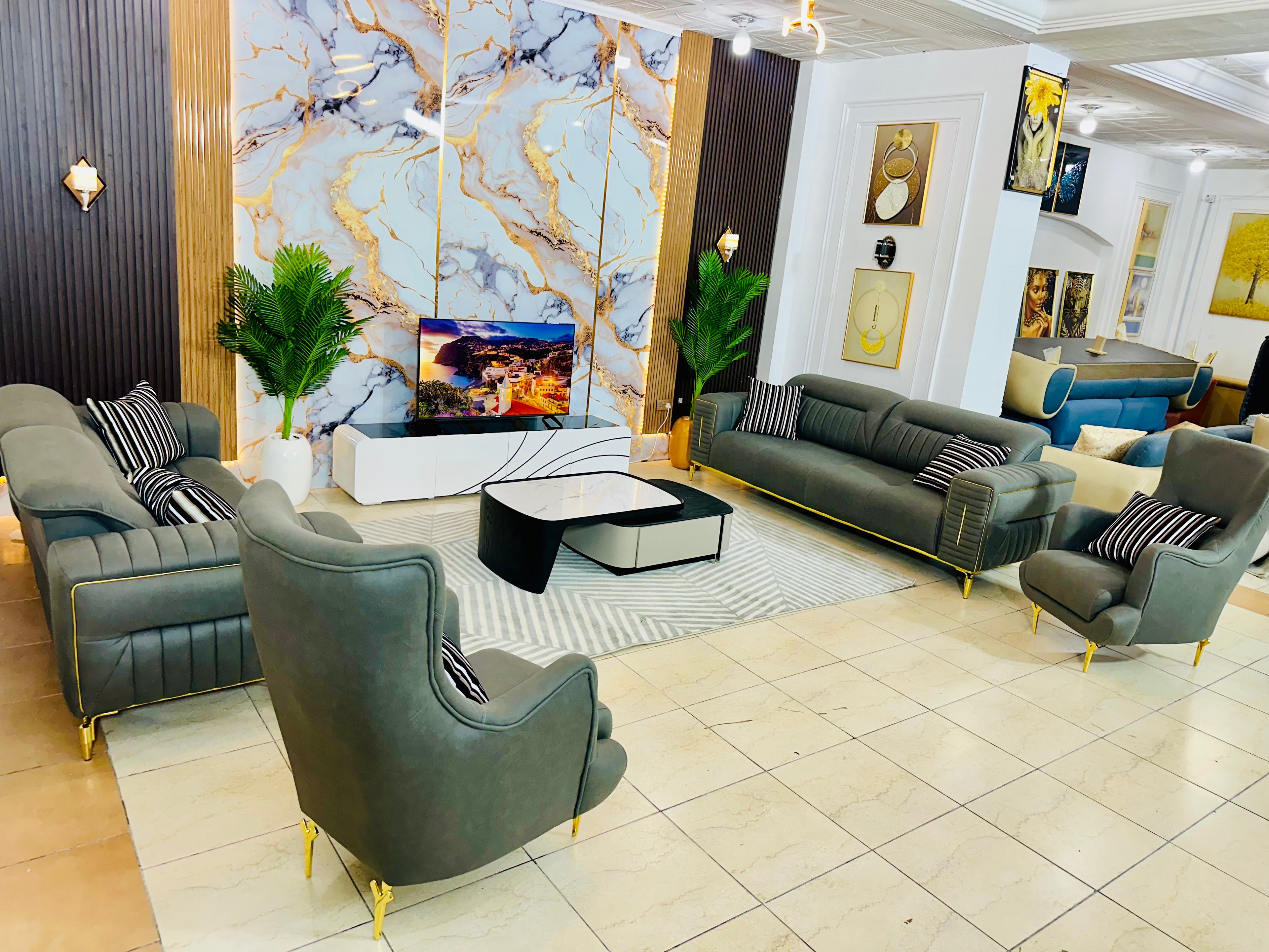 Modern Green Luxury Sofa Set (Elegant Marble Wall Edition)