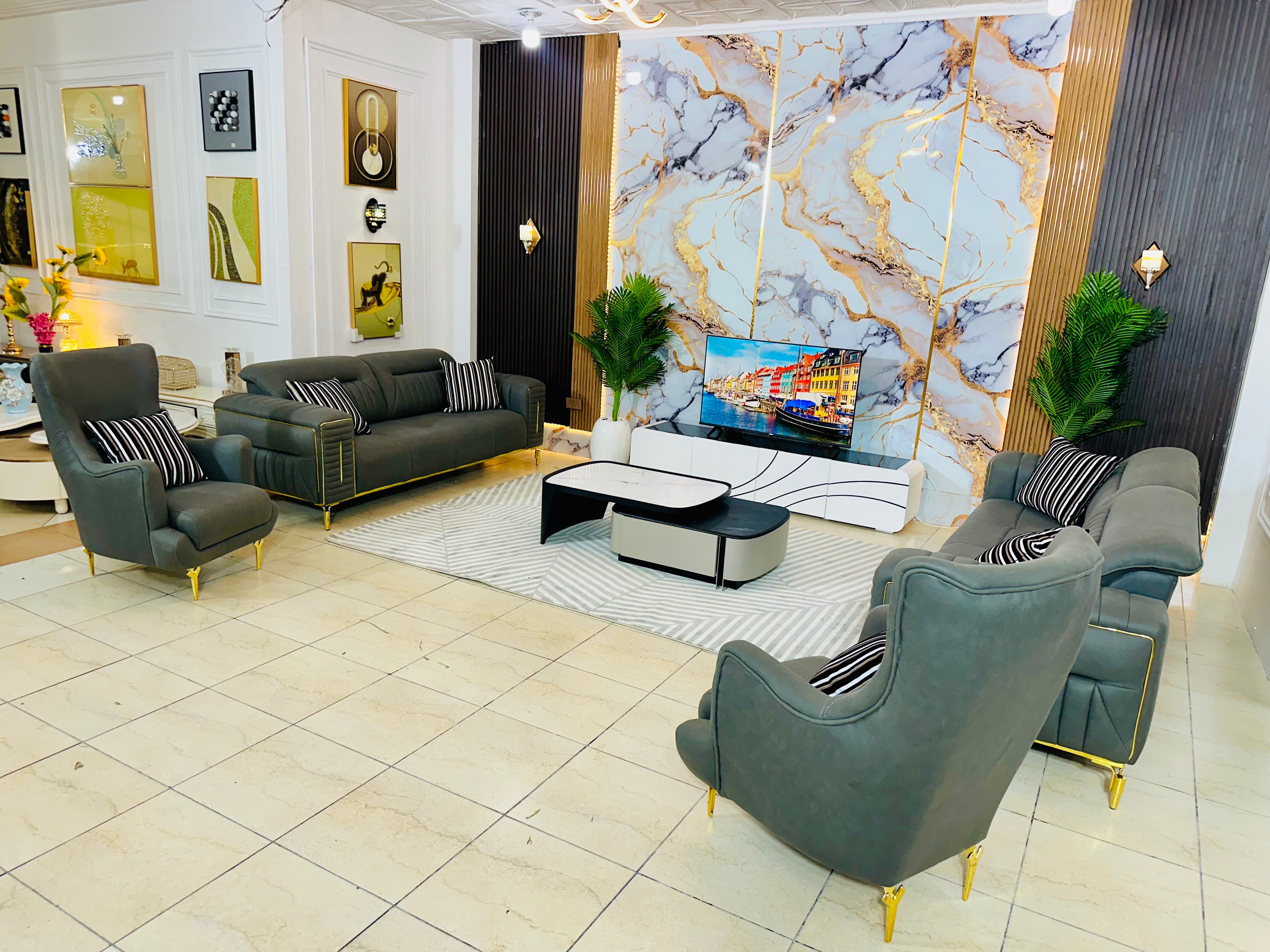 Modern Green Luxury Sofa Set (Elegant Marble Wall Edition)