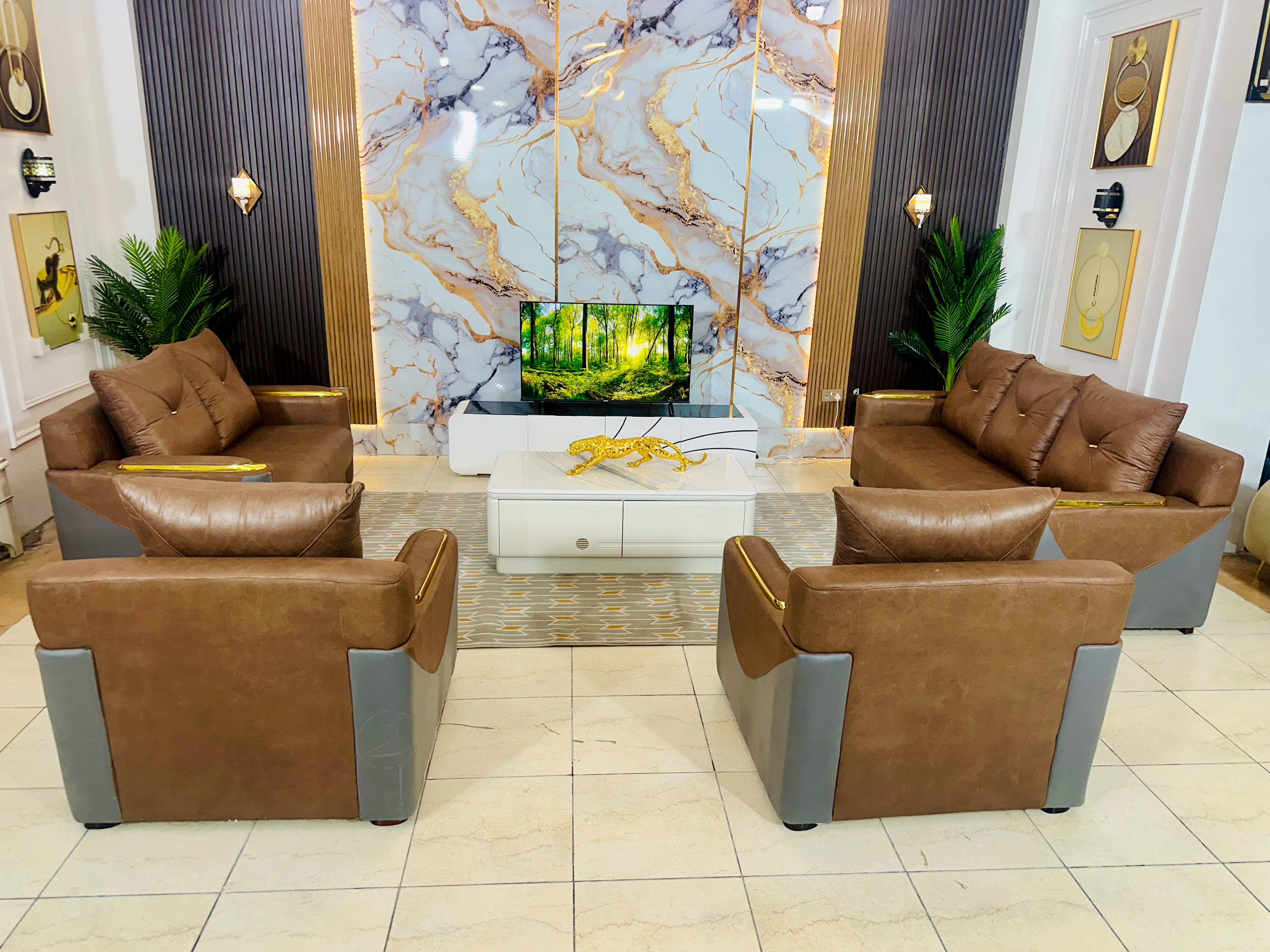 High-End Leather Sofa Set with Gold Accents