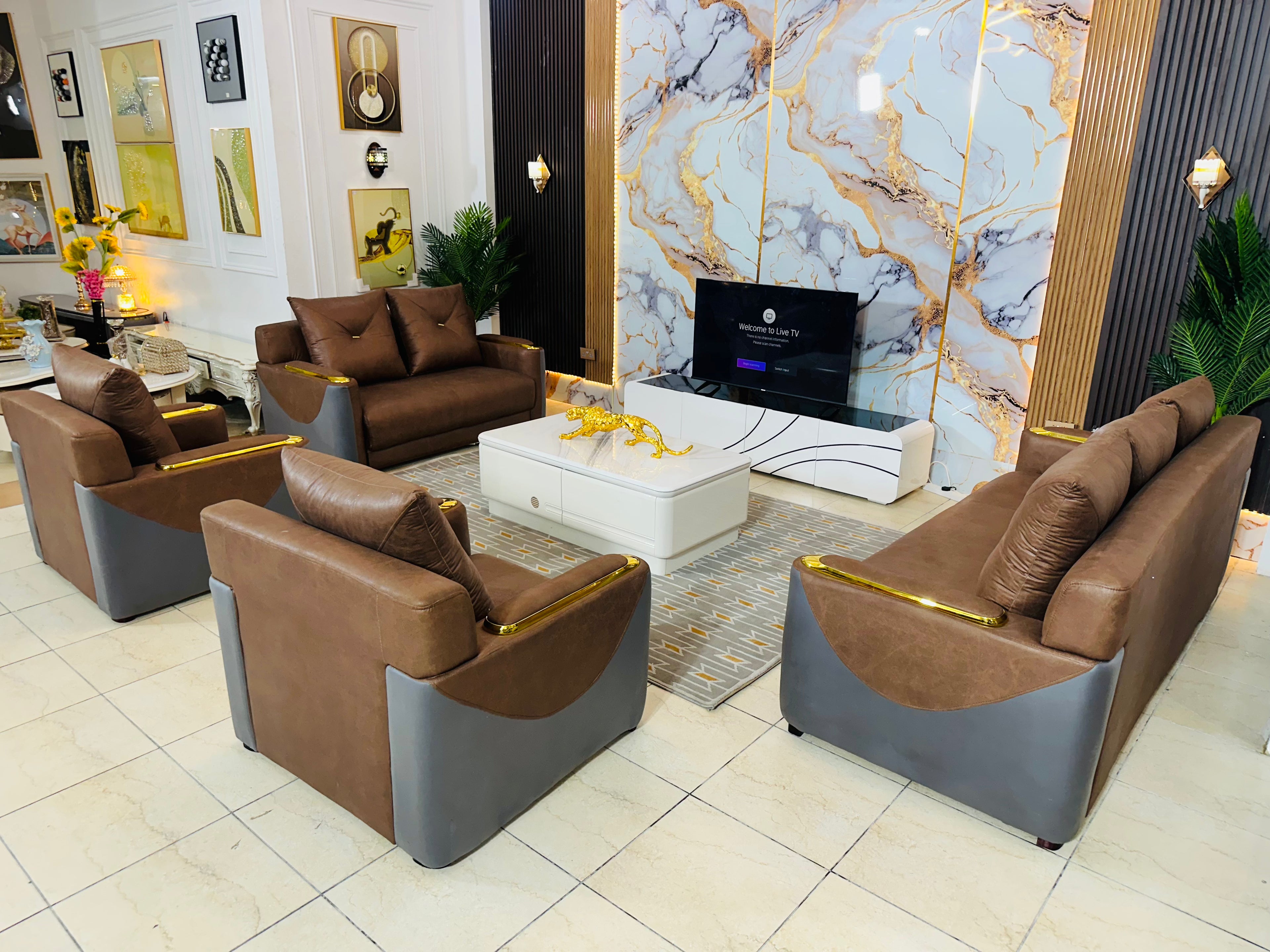 High-End Leather Sofa Set with Gold Accents