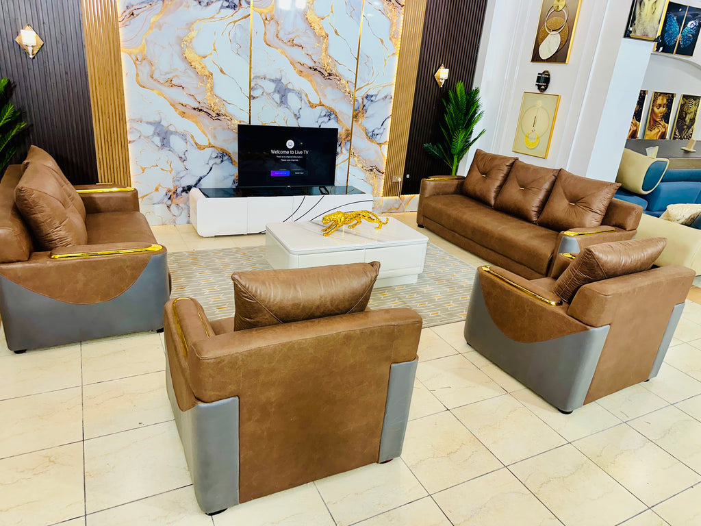 High-End Leather Sofa Set with Gold Accents