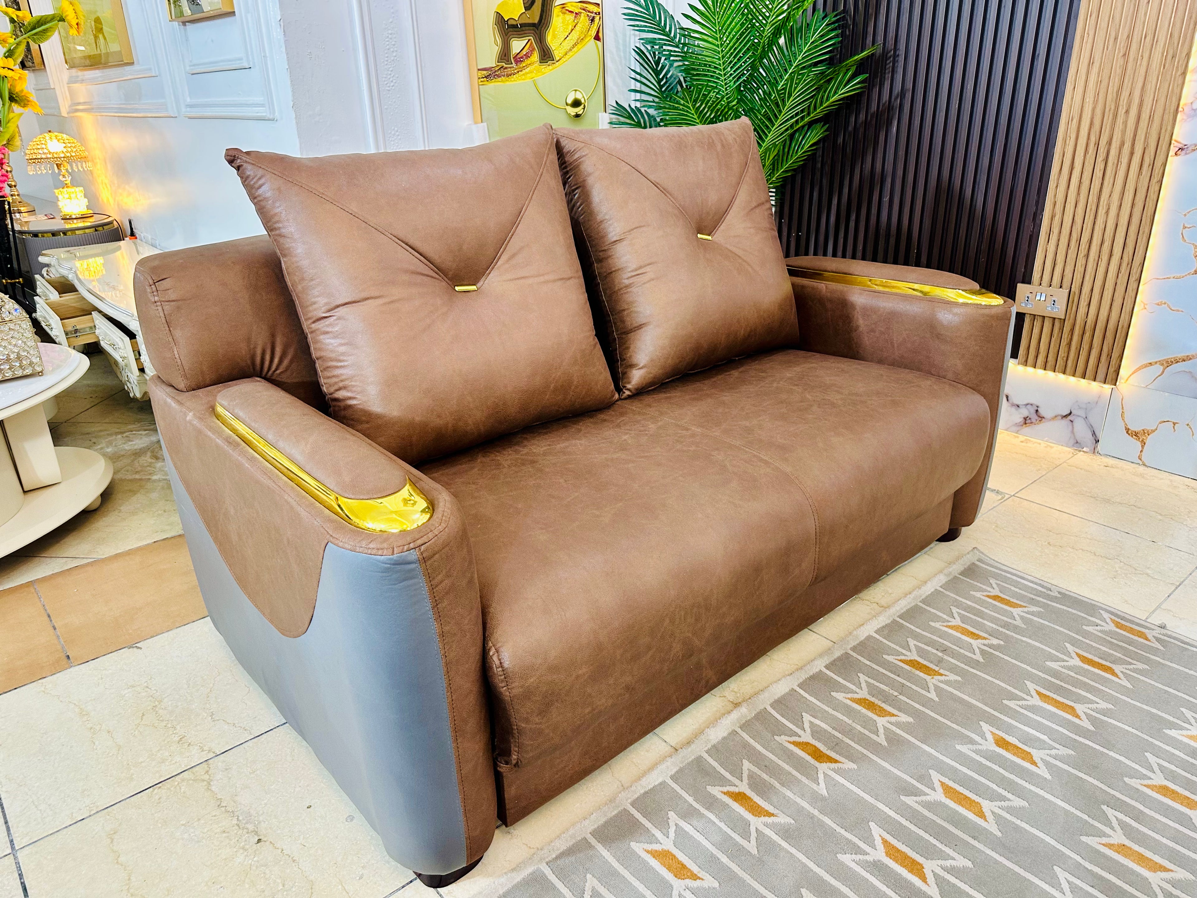 High-End Leather Sofa Set with Gold Accents
