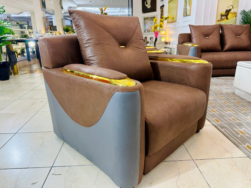 High-End Leather Sofa Set with Gold Accents